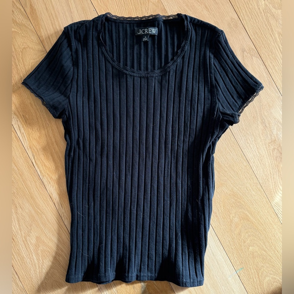 J. Crew Women's Black Ribbed Top T-shirt with lace trim detail - short sleeve